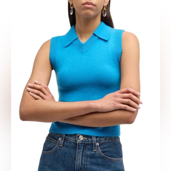 NAADAM Cashmere Sleeveless V Neck Polo Sweater in Aqua Marine Size Small - Picture 1 of 11
